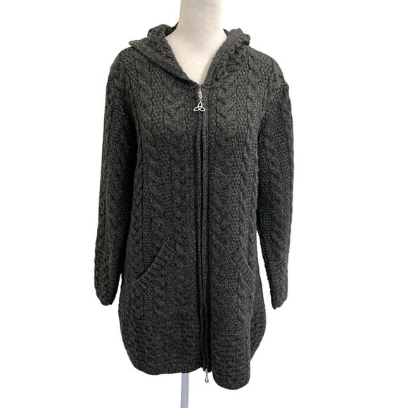 Aran Crafts 100% Merino Wool Cable-Knit Zip-Up Sweater Gray Ireland size Medium - Picture 1 of 7
